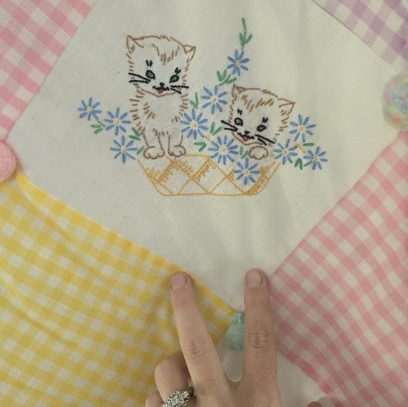 vintage baby crib quilt blanket hand embroidered nursery Cat, Clown, Rabbits *re - Picture 3 of 13